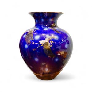 R. SCUOLA D’ARTE GROTTAGLIE - Grande Vaso In Ceramica Blu e Dettagli Dorati - Italia Anni 30